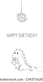 Birthday Card Coloring Book Cute Baby Dragon with a Gift Simple Vector Illustration