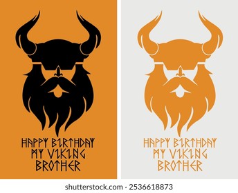 Cartão de aniversário. Parabéns logotipo Viking. Mitologia escandinava. Silhueta isolada com fundo bicolor.