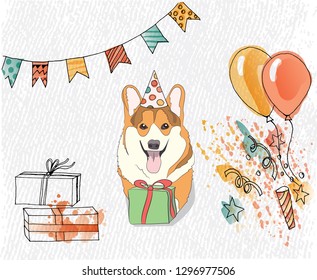 birthday card with corgi that congratulates you, vector, gifts, can be used as a greeting card