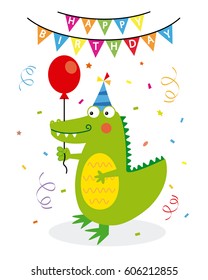 birthday card. Crocodile with party cap, balloon and confetti
