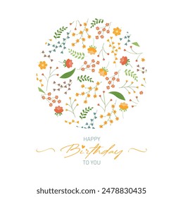 Birthday card with cup and flowers. Illustration on a white background