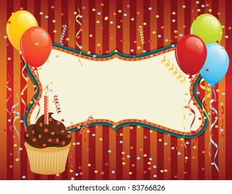 Birthday Card with cupcake, balloons and confetti. CMYK EPS 8 with global colors vector illustration.