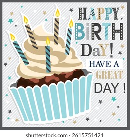 Birthday card with cupcake, candles and lettering