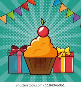birthday card with cupcake and gifts