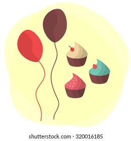 The birthday card: cupcakes and balloons