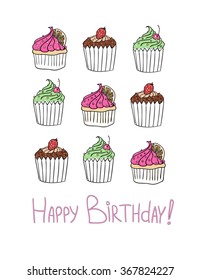 Birthday card with cupcakes. Vector.