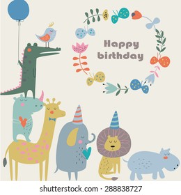 Birthday card with cute alligator, bird, giraffe, hippo, rhino, elephant, lion, butterflies and flowers in cartoon style