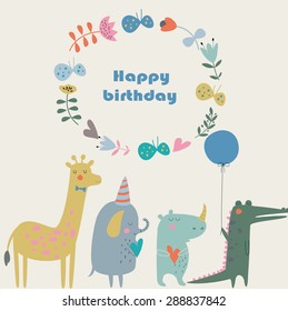 Birthday card with cute alligator,  giraffe,  rhino,  elephant,  butterflies and flowers in cartoon style