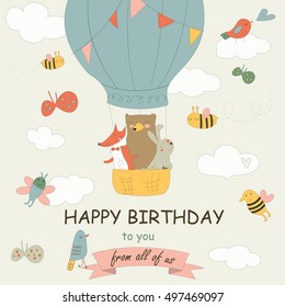 Birthday card with cute animals in air balloon in cartoon style