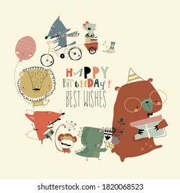 Birthday card with cute animals celebrating holiday