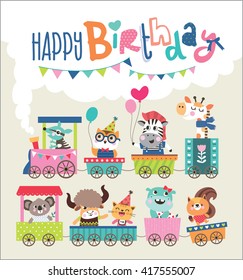 Birthday card with cute animals on train
