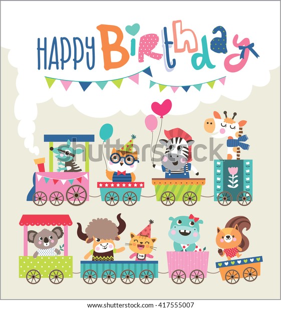 Birthday Card Cute Animals On Train Stock Vector (Royalty Free) 417555007