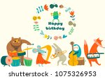 Birthday card with cute animals  playing the musical instruments. Cartoon style.