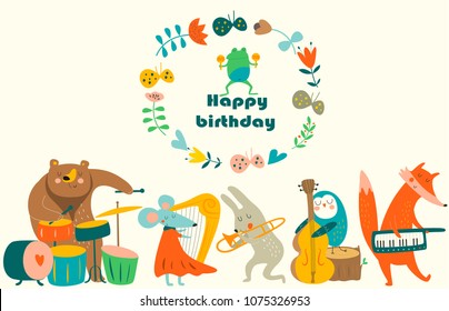 Geburtstagskarte mit süßen Tieren, die Musikinstrumente spielen. Cartoon-Stil.