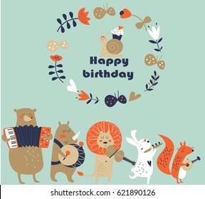 Birthday card with cute animals  playing the musical instruments. Cartoon style.