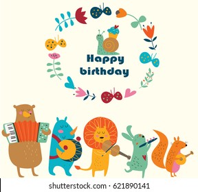 Birthday card with cute animals  playing the musical instruments. Cartoon style.