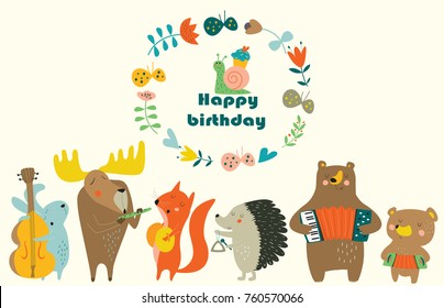 Birthday card with cute animals  playing the musical instruments. Cartoon style.
