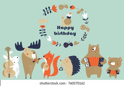 Birthday card with cute animals  playing the musical instruments. Cartoon style.