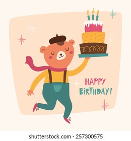 Birthday card with cute bear and a cake. Happy Birthday!