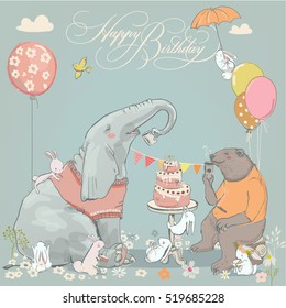 birthday card with cute bear, elephant and hares