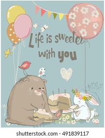 birthday card with cute bear and hare