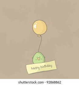 Birthday card with a cute bird holding balloon. Vector.