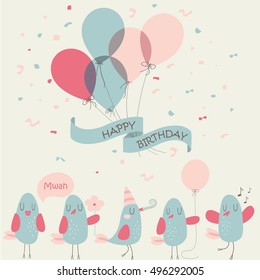 Birthday card with cute birds and balloons in cartoon style