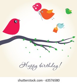 Birthday card with cute birds with flowers and gifts