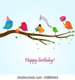 Birthday card with cute birds with flowers and gifts