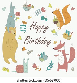 Birthday Card Cute Animals Playing Musical Stock Vector (Royalty Free ...