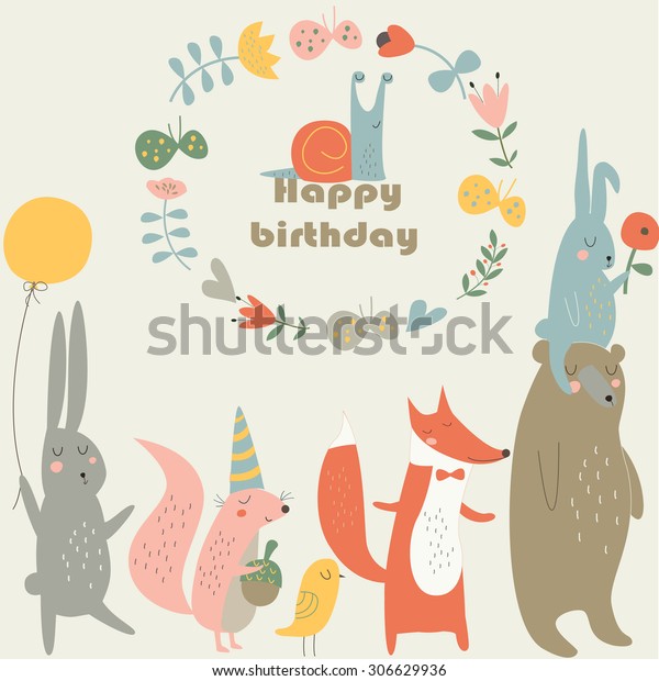 Carte D Anniversaire Avec Mignon Lapin Ours Image Vectorielle De Stock Libre De Droits