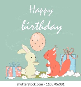 Birthday card with a cute Bunny and a squirrel. Vintage. Cartoon.