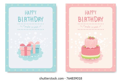 Birthday Card With Cute Birthday Cake And Gift Box, Text Happy Birthday. Vector Illustration.