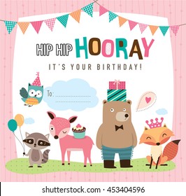 Birthday card with cute cartoon animals