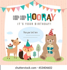 Birthday card with cute cartoon animals