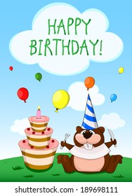 Birthday card with cute cartoon beaver, balloons and cake