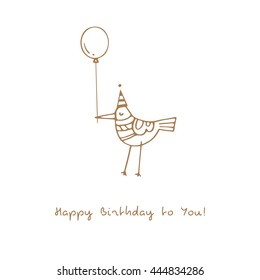 Birthday card with cute cartoon bird in party hat and balloon. Funny animal gives a gift. Vector contour image. Doodle style.