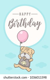 Birthday card, Cute cartoon Bulldog flying with balloon, Vector Illustration