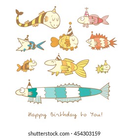 Birthday card with cute cartoon colorful fishes in party hats. Underwater life. Funny sea animals. Children's illustration. Vector contour image no fill. Doodle style. 