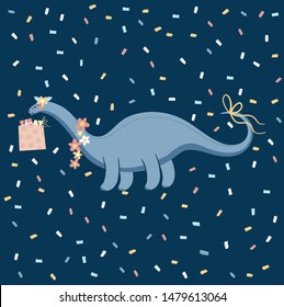 Birthday card with cute cartoon dinosaur. Adorable Apatosaurus with gifts and flowers around the neck. Dino with confetti. Vector illustration with dino's birthday party for kids, party invitations