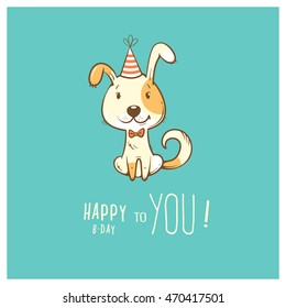 Birthday card  with cute cartoon dog in  party hat. Vector contour image. Little puppy. Funny animal. 