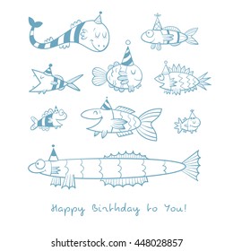 Birthday card with cute cartoon fishes in party hats. Underwater life. Funny sea animals. Children's illustration. Vector contour image no fill. Doodle style. 