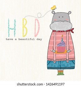 Birthday card cute cartoon Hippo and cupcake decorated with butterfly and cute letters H B D 