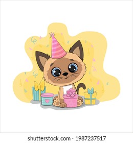 Birthday card with cute cartoon kitten with balloons and gifts.Vector illustration