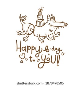 Birthday card  with cute cartoon monster. Creature in party hats. Vector doodle poster. Little funny animal print. 