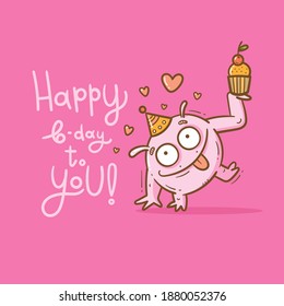 Birthday card  with cute cartoon monster. Creature in party hats. Vector doodle poster. Little funny animal print. Сake and gift.