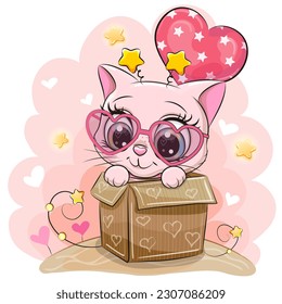 Birthday card with a Cute Cartoon Pink Kitty and balloon