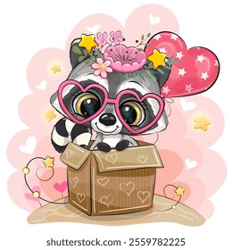 Birthday card with Cute Cartoon Raccoon with balloon