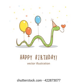 Birthday card  with cute cartoon snake in party hat  and colorful balloons. Greetings from funny  animal. Vector image. Children's illustration.