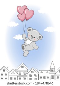 Birthday card with cute cartoon Teddy bear flying on balloons. Vector illustration.